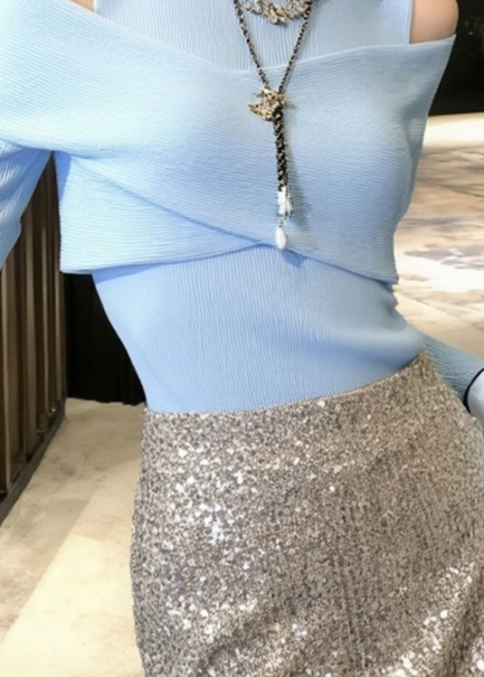 French Blue Cold Shoulder Patchwork Knitted Sweater Tops Fall