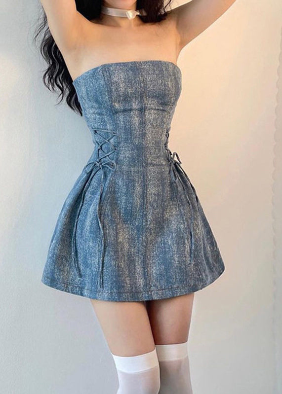 French Blue Cold Shoulder Tie Waist Mini Dress Summer