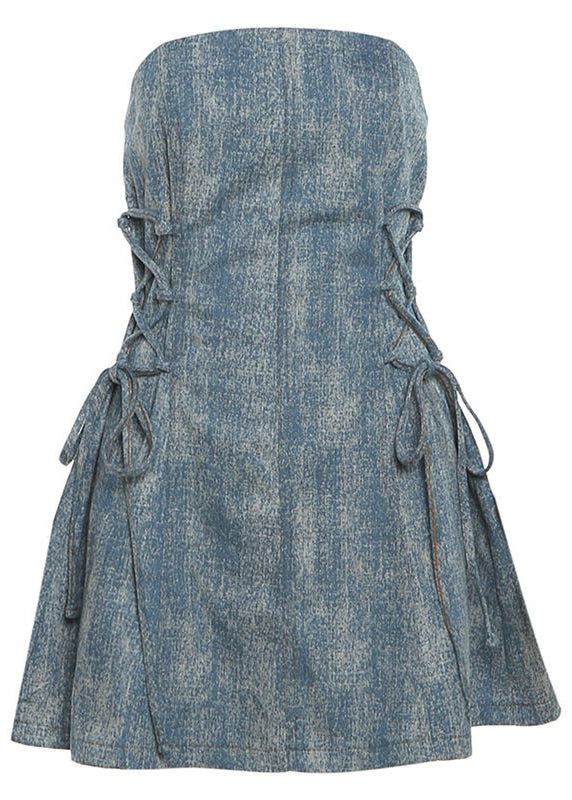 French Blue Cold Shoulder Tie Waist Mini Dress Summer