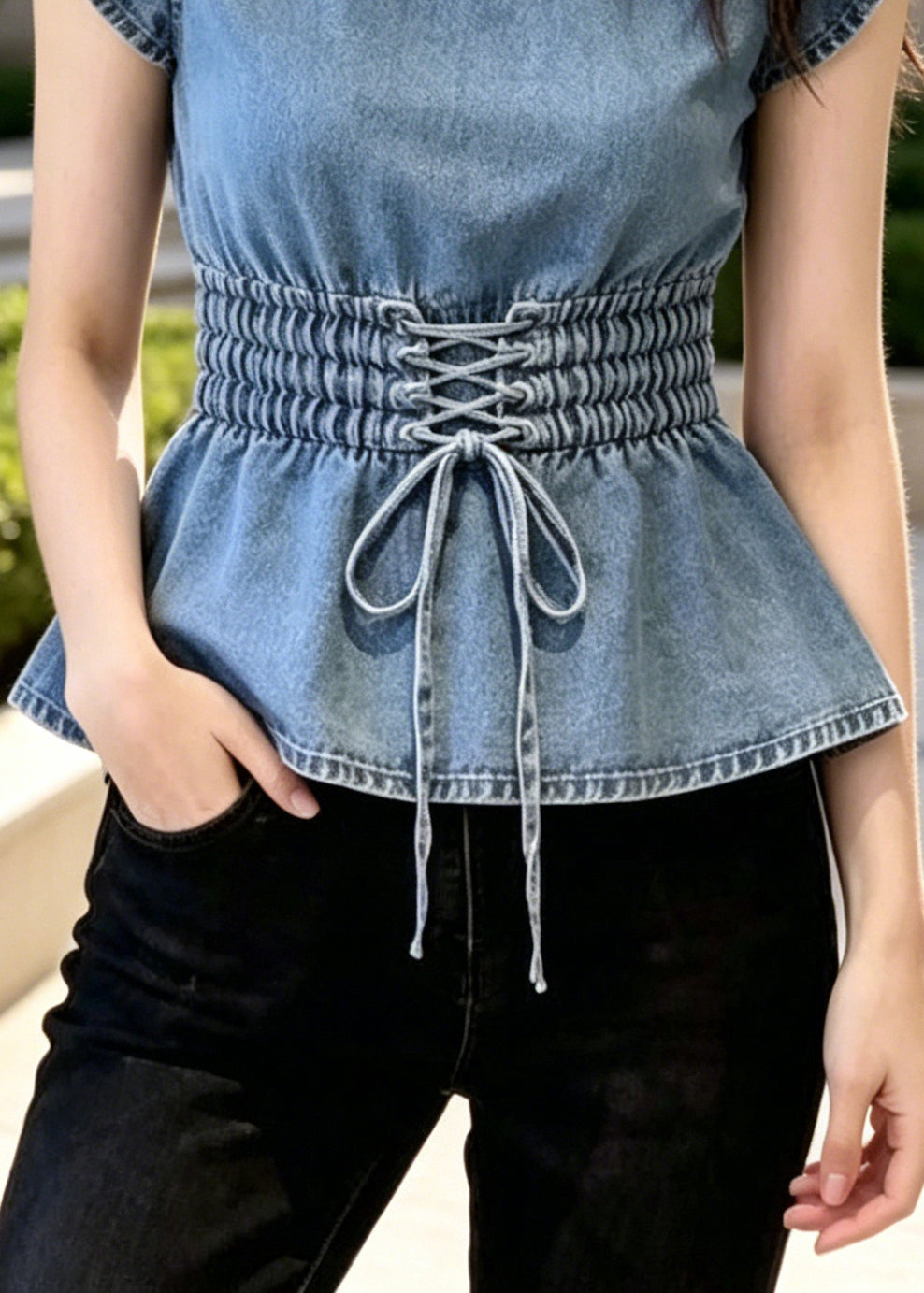 French Blue Elastic Waist Denim Shirt Summer