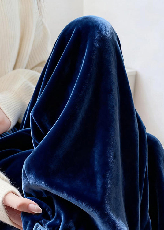 French Blue Embroidered Button Silk Velvet Pants Spring