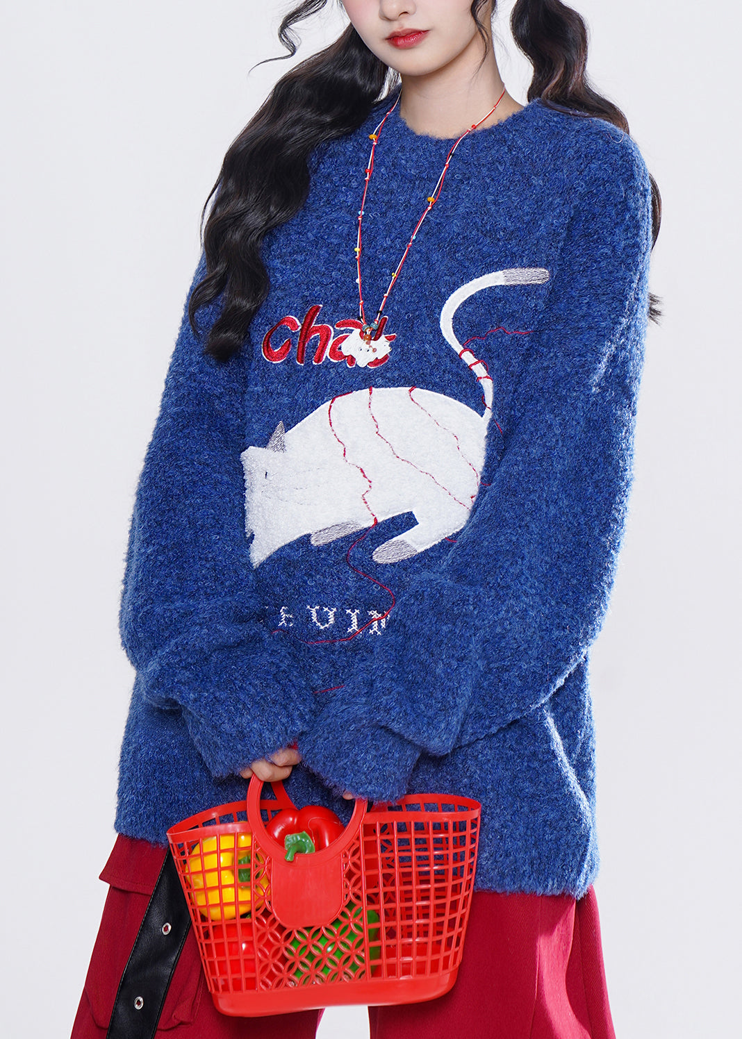 French Blue Embroidered Cute Cat Knit Tops Winter