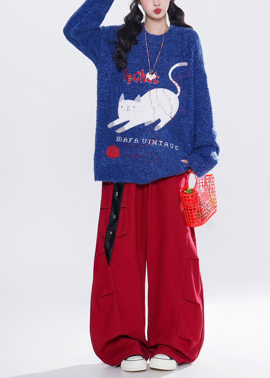 French Blue Embroidered Cute Cat Knit Tops Winter