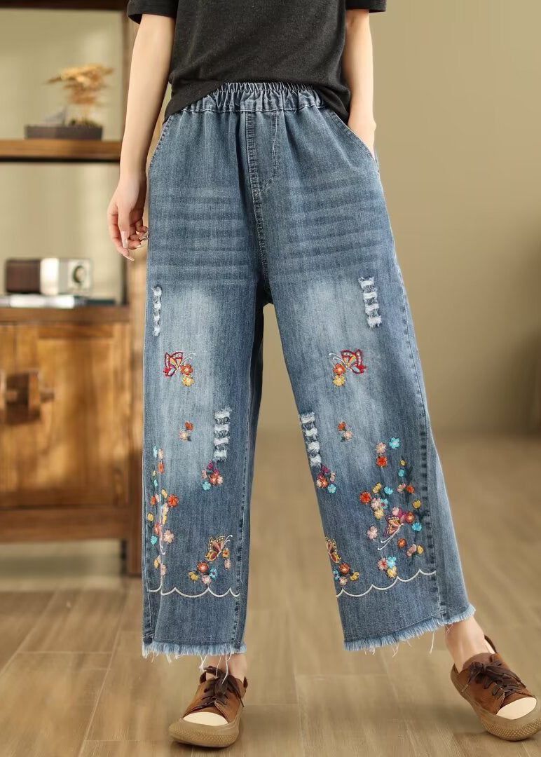 French Blue Embroidered Elastic Waist Denim Crop Pants Summer