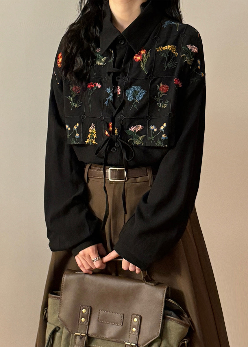 French Blue Embroidered Lace Up Cotton Blouses Spring