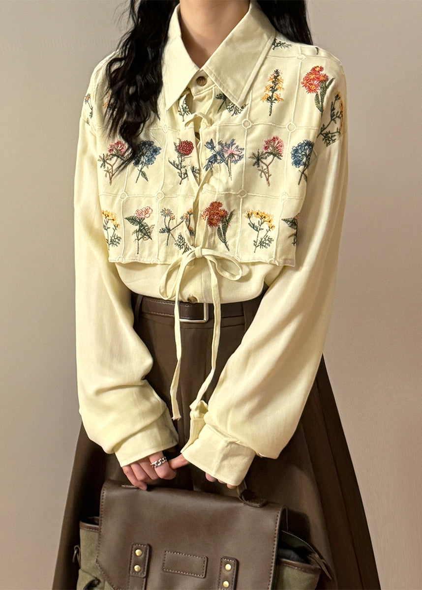 French Blue Embroidered Lace Up Cotton Blouses Spring