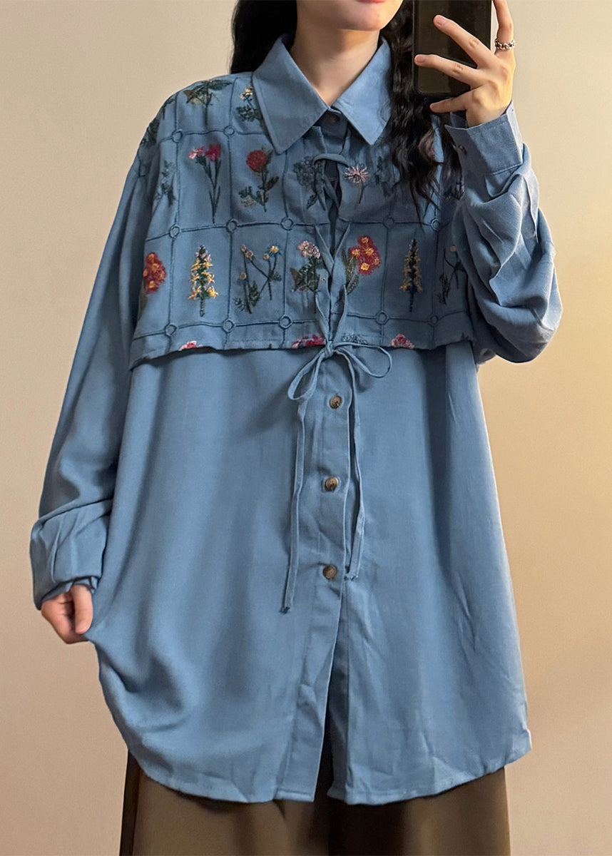 French Blue Embroidered Lace Up Cotton Blouses Spring