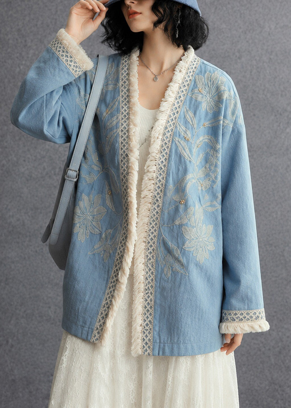 French Blue Embroidered Oversized Cotton Cardigan Fall