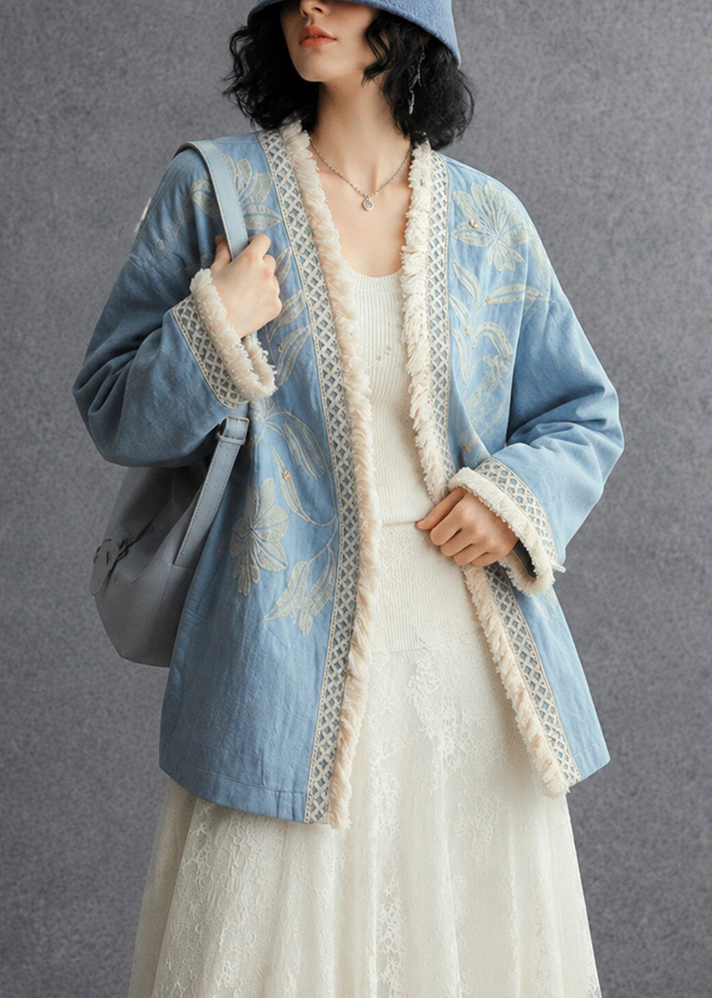 French Blue Embroidered Oversized Cotton Cardigan Fall