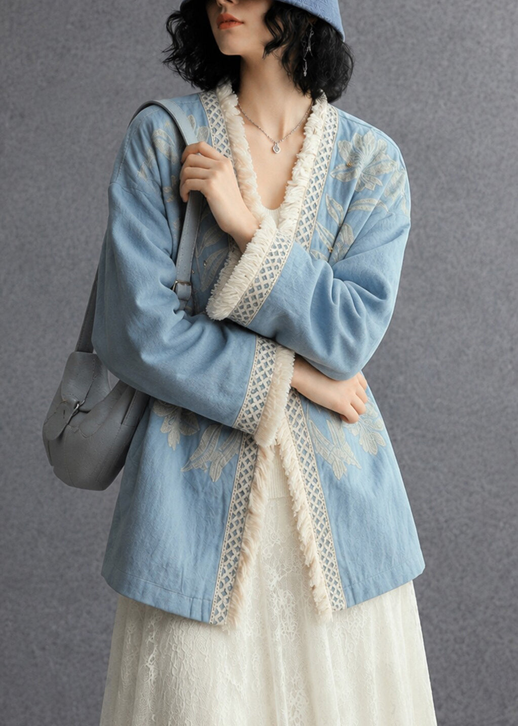 French Blue Embroidered Oversized Cotton Cardigan Fall