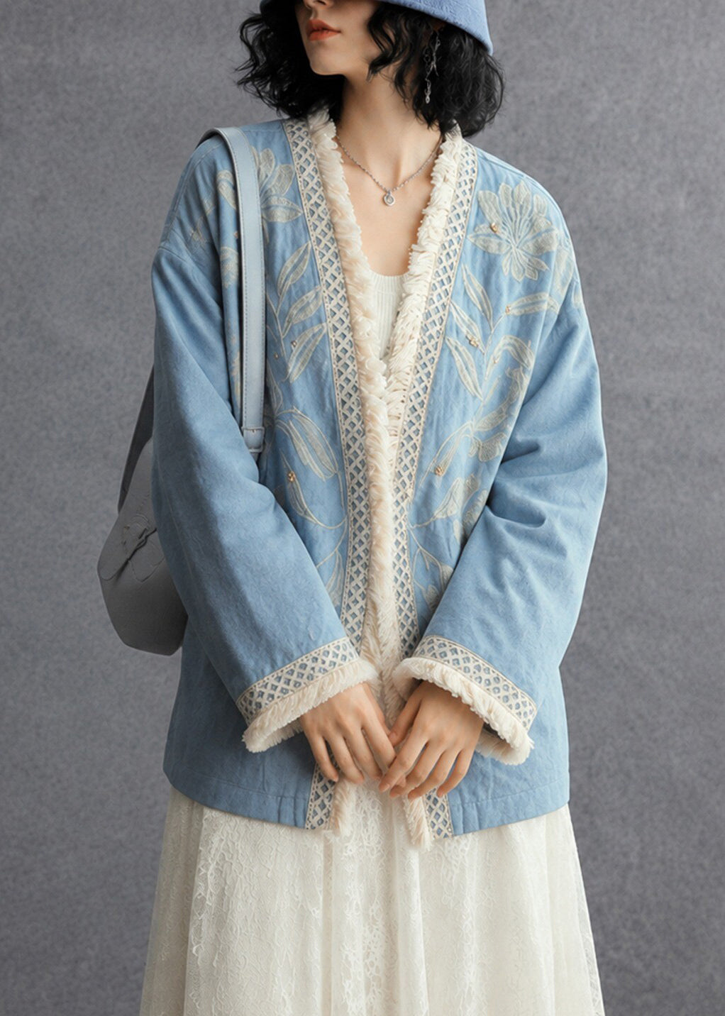 French Blue Embroidered Oversized Cotton Cardigan Fall
