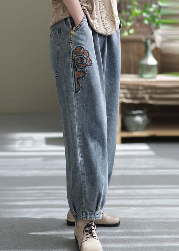 French Blue Embroidered Pockets Elastic Waist Jeans Spring