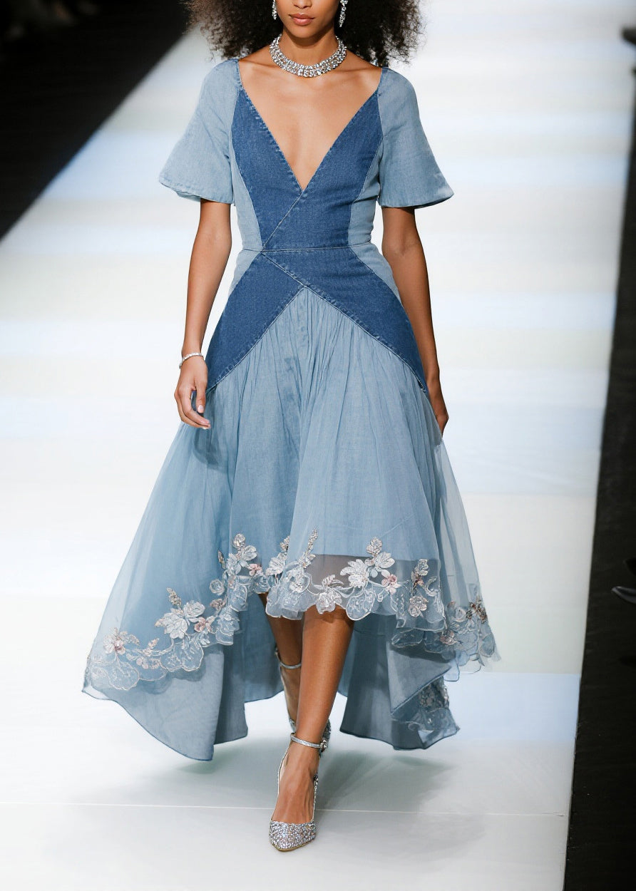 French Blue Exra Large Hem Patchwork Tulle Denim Dress Summer