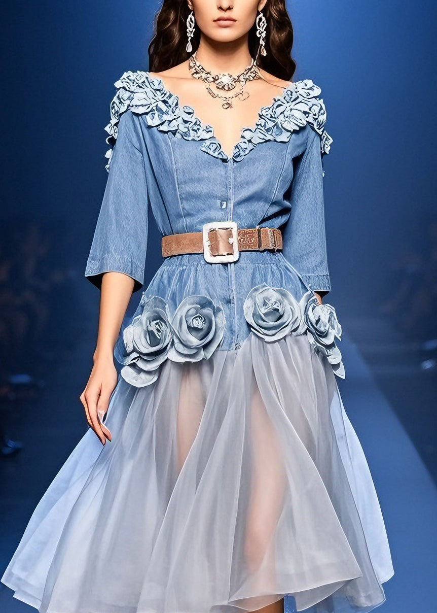 French Blue Floral Tulle Patchwork Denim Dress Summer