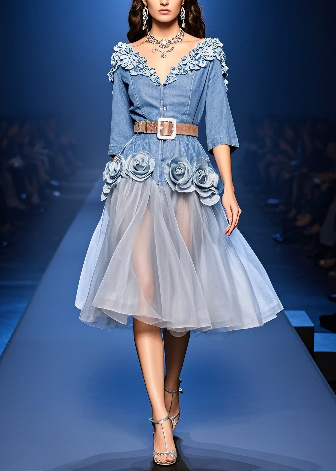 French Blue Floral Tulle Patchwork Denim Dress Summer