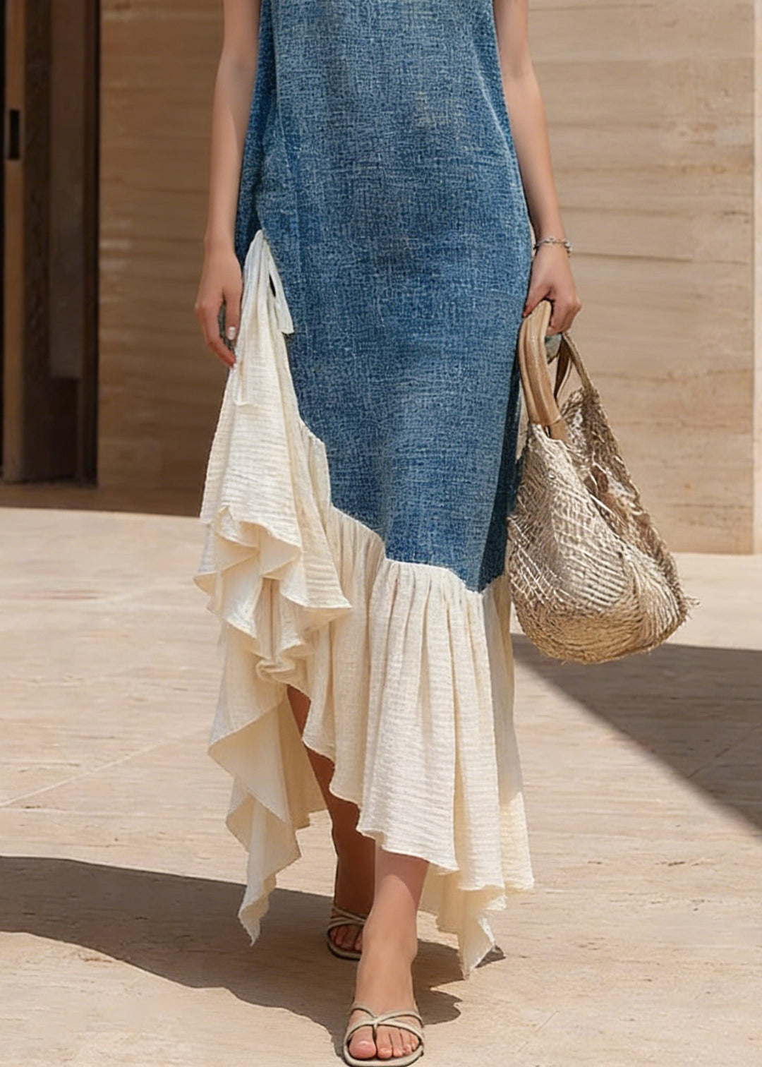 French Blue Lace Up Wrinkled Patchwork Denim Dresses Sleeveless - Omychic