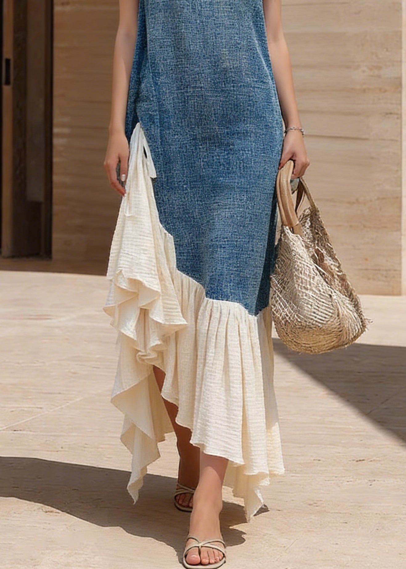 French Blue Lace Up Wrinkled Patchwork Denim Dresses Sleeveless - Omychic