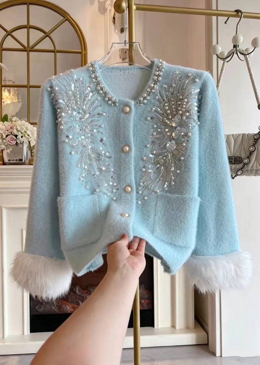 French Blue Nail Bead Sequins Pockets Cuff Fur Trim Mink Hair Knitted Cardigan Fall