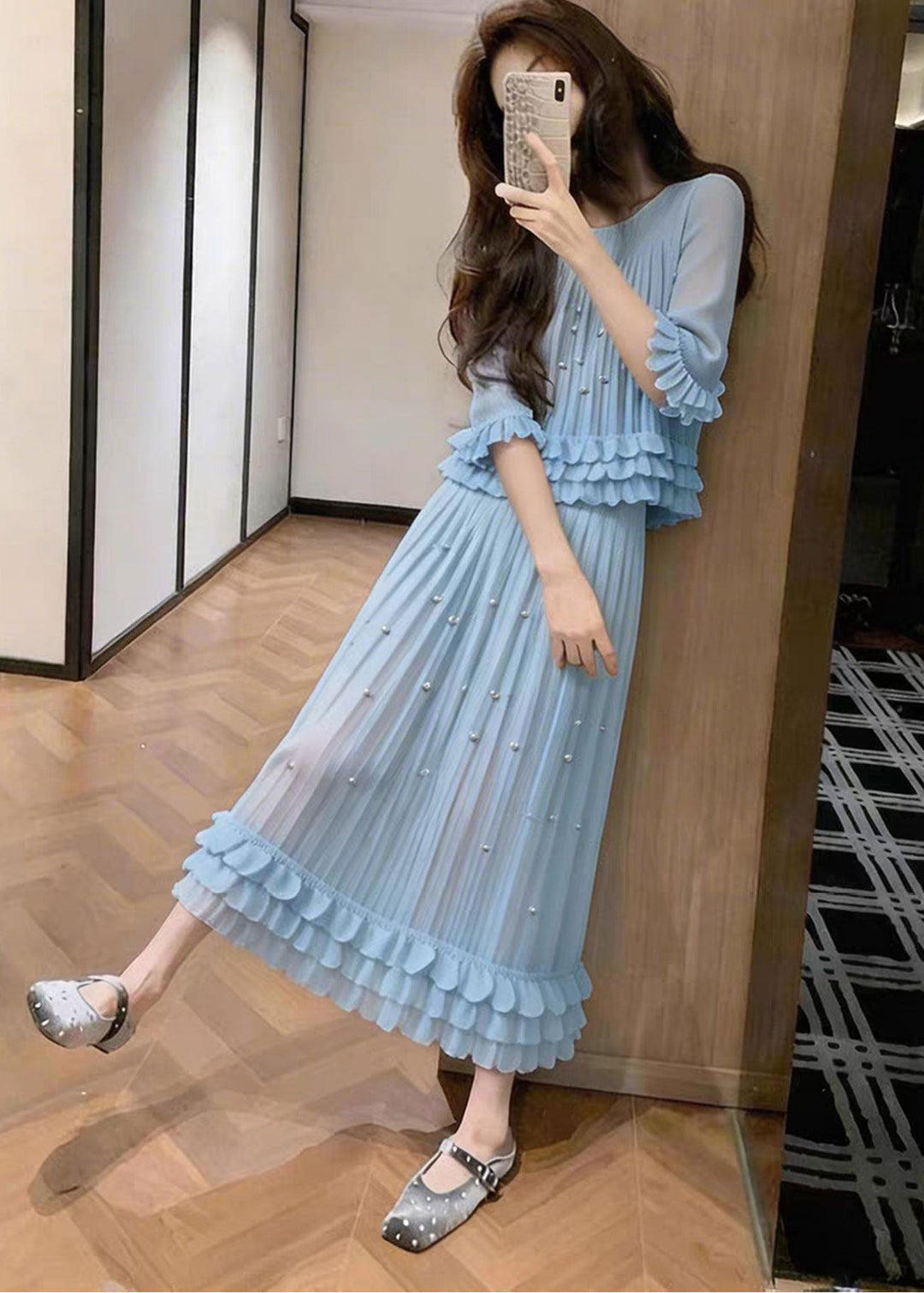 French Blue Nail Bead Wrinkled Chiffon Women Sets 2 Pieces Summer