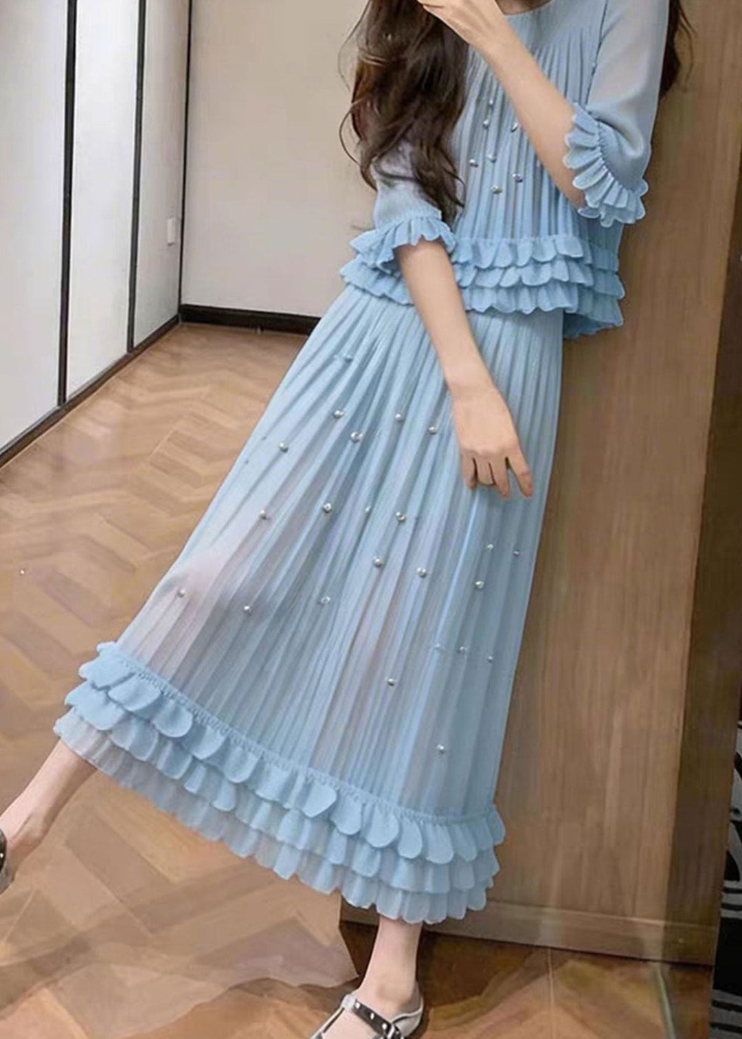 French Blue Nail Bead Wrinkled Chiffon Women Sets 2 Pieces Summer