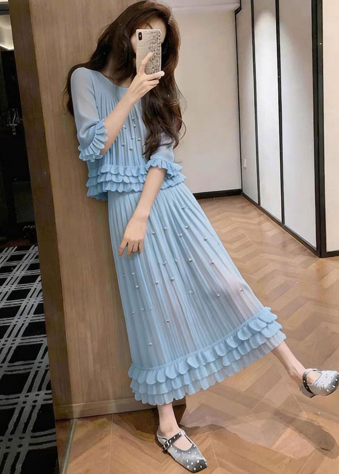 French Blue Nail Bead Wrinkled Chiffon Women Sets 2 Pieces Summer