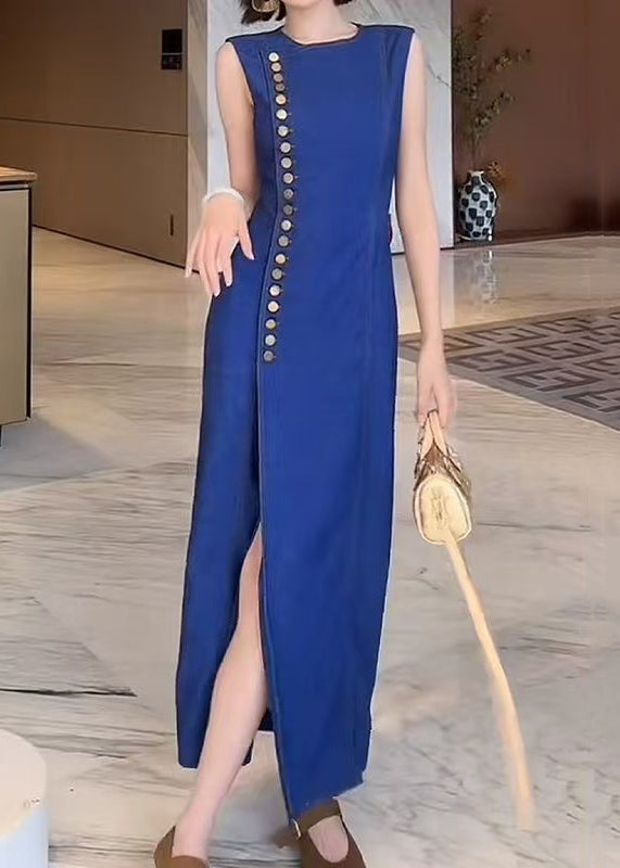 French Blue O Neck Button Front Open Denim Long Dresses Sleeveless