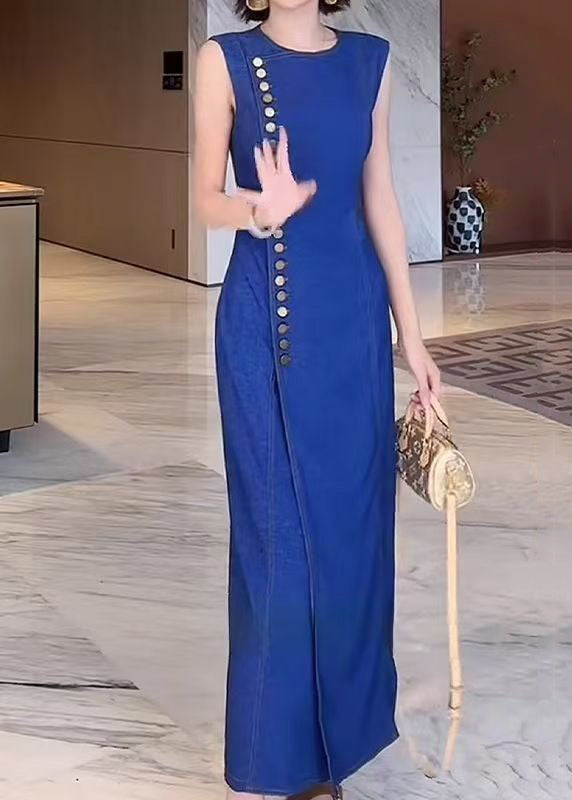 French Blue O Neck Button Front Open Denim Long Dresses Sleeveless