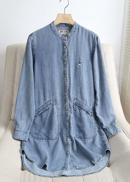 French Blue O Neck Button Pockets Denim Shirts Long Sleeve