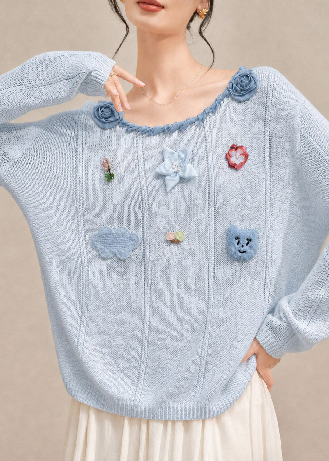 French Blue O-Neck Floral Cotton Knit Sweaters Fall