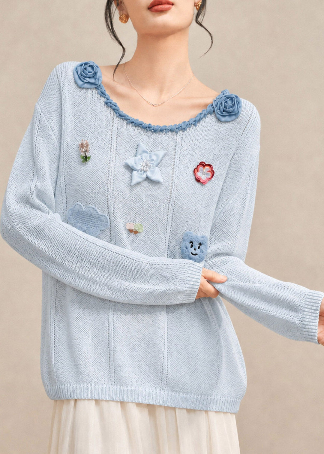 French Blue O-Neck Floral Cotton Knit Sweaters Fall