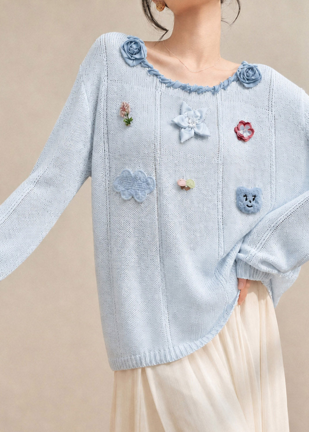 French Blue O-Neck Floral Cotton Knit Sweaters Fall