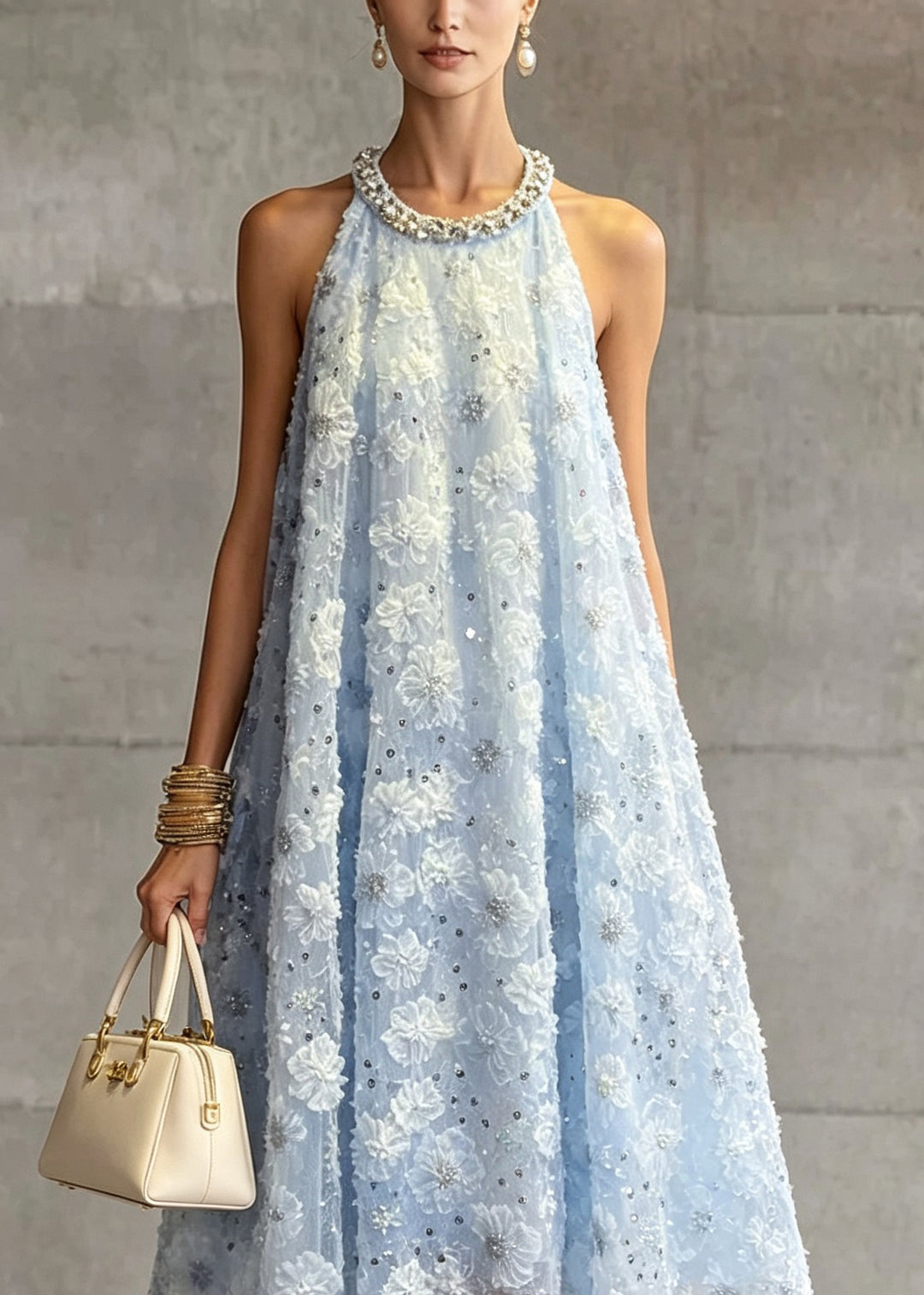 French Blue O Neck Floral Zircon Tulle Dress Sleeveless