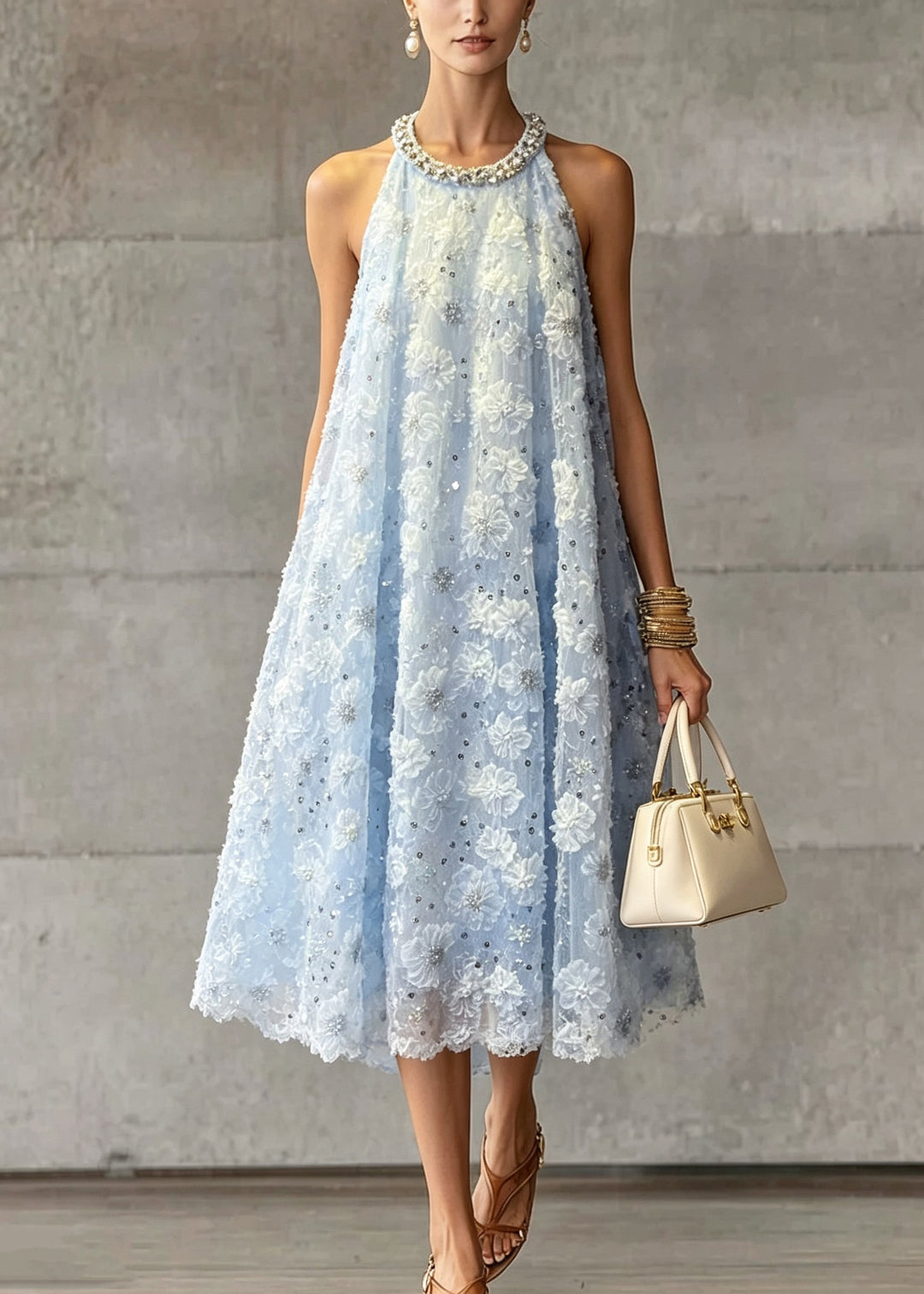 French Blue O Neck Floral Zircon Tulle Dress Sleeveless