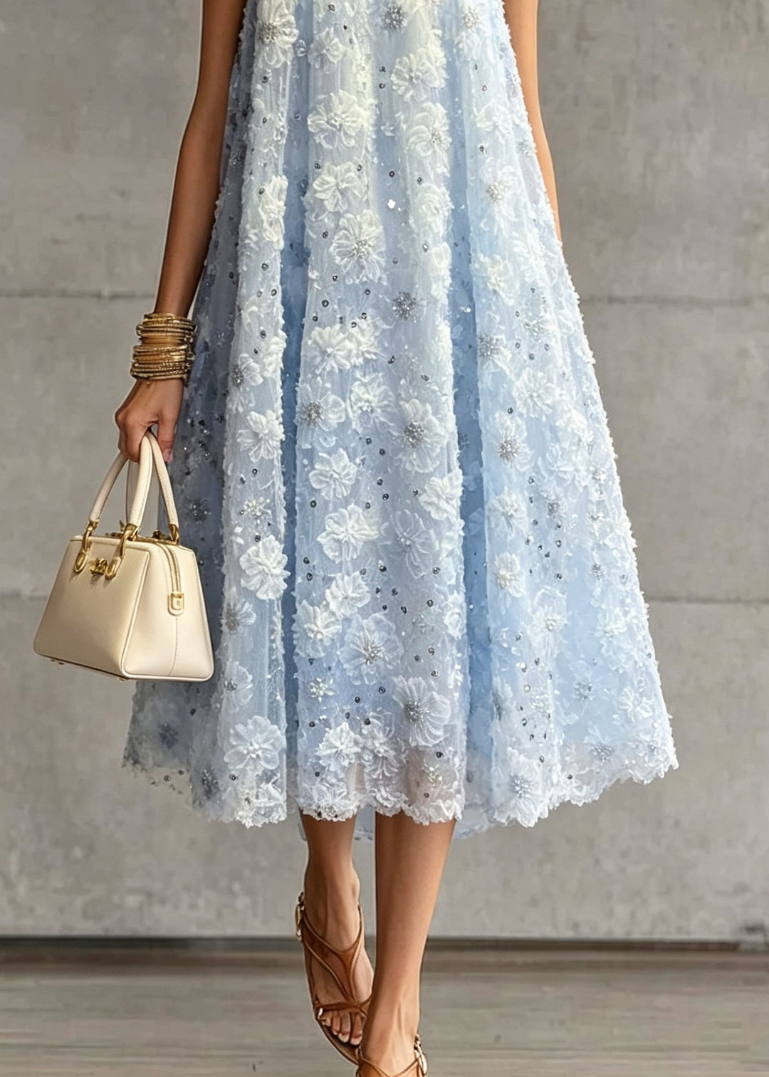 French Blue O Neck Floral Zircon Tulle Dress Sleeveless