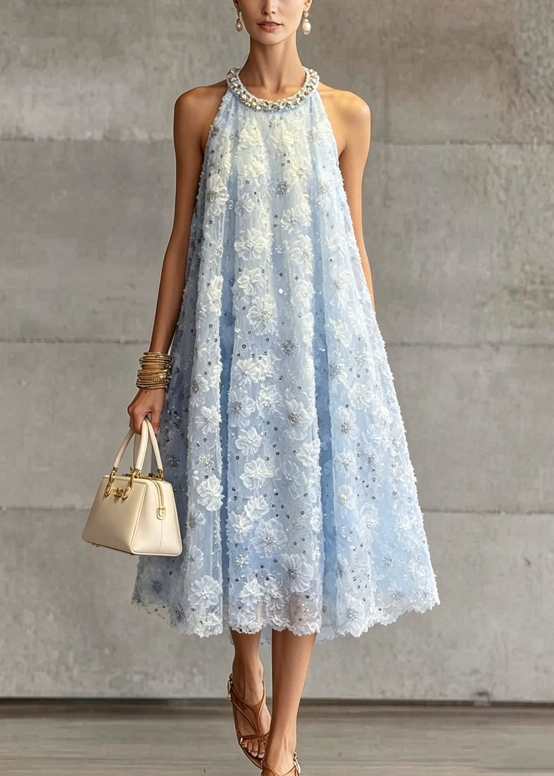 French Blue O Neck Floral Zircon Tulle Dress Sleeveless