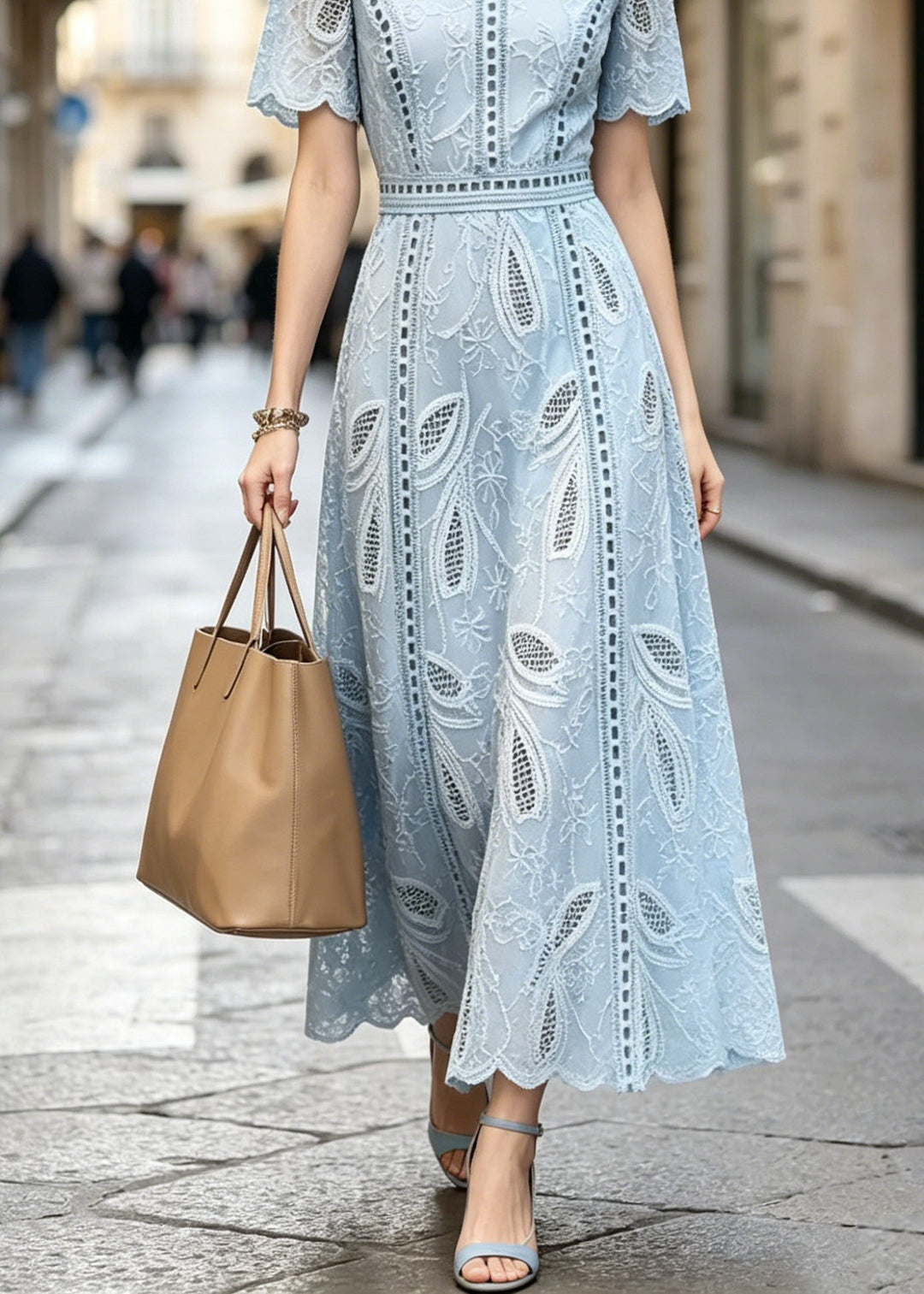 French Blue O Neck Hollow Out Patchwork Cotton Dress Summer