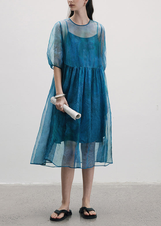 French Blue O Neck Patchwork Silk Two Piece Set Lantern Sleeve