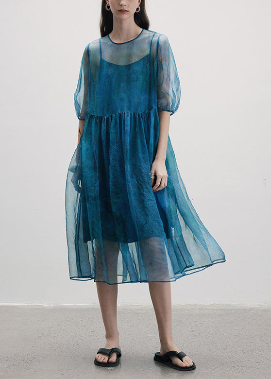 French Blue O Neck Patchwork Silk Two Piece Set Lantern Sleeve
