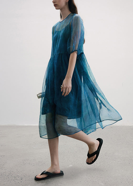 French Blue O Neck Patchwork Silk Two Piece Set Lantern Sleeve