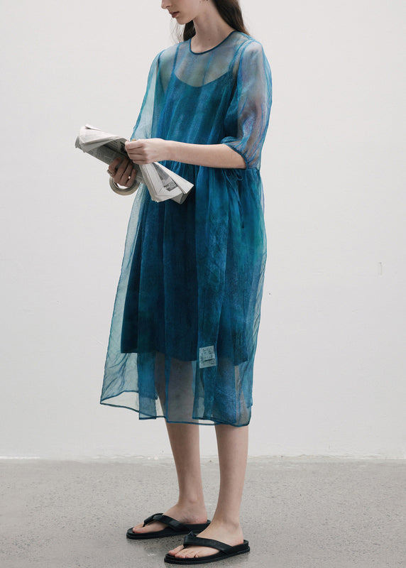 French Blue O Neck Patchwork Silk Two Piece Set Lantern Sleeve