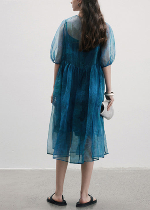 French Blue O Neck Patchwork Silk Two Piece Set Lantern Sleeve