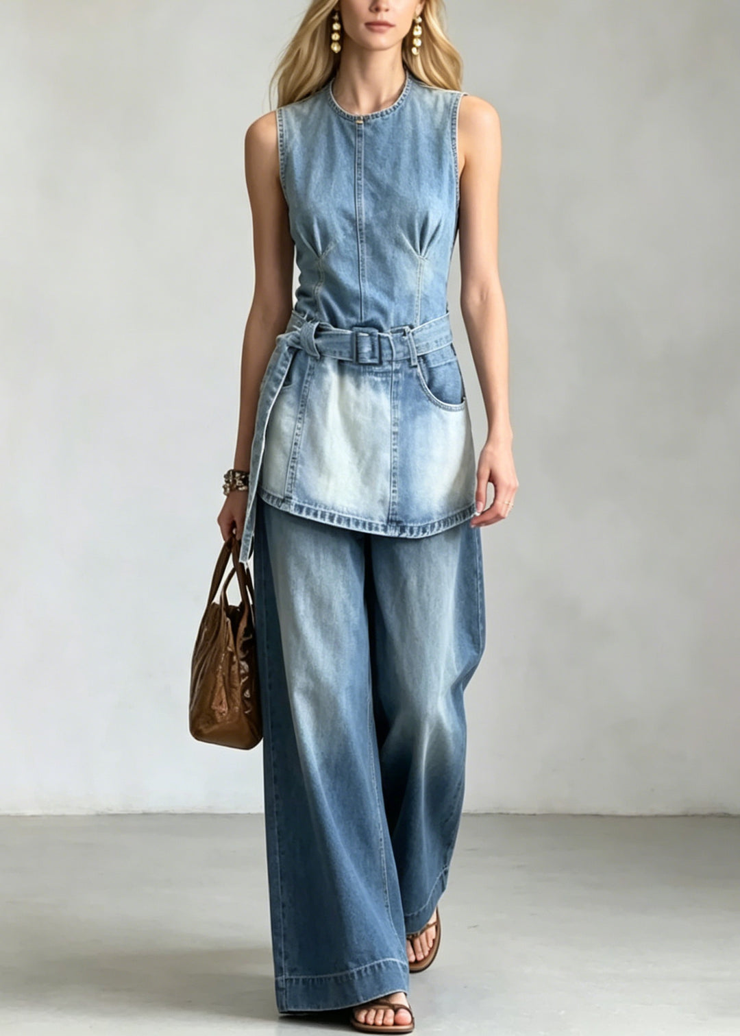 French Blue O-Neck Pockets Denim Sets 2 Pieces Sleeveless