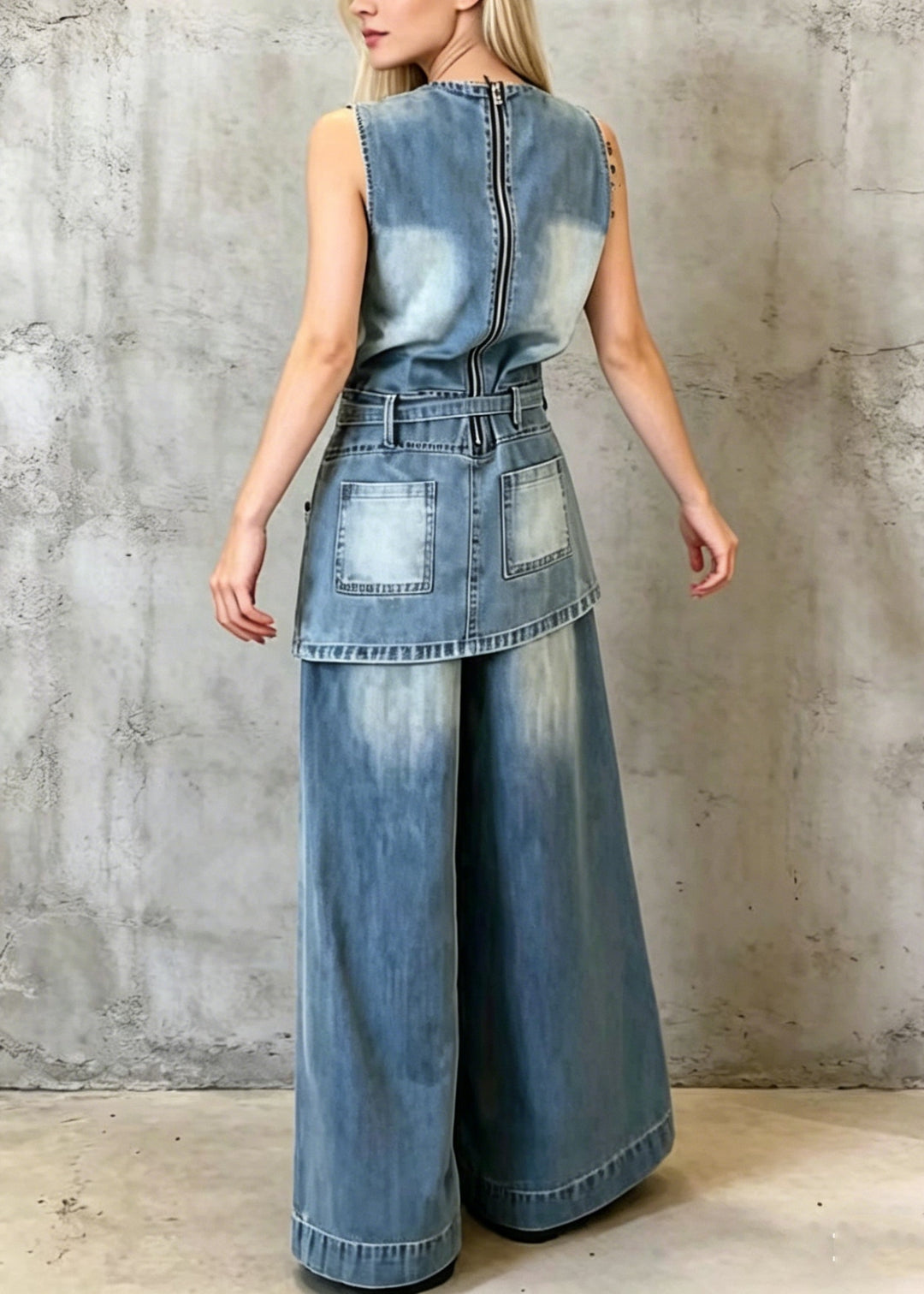 French Blue O-Neck Pockets Denim Sets 2 Pieces Sleeveless