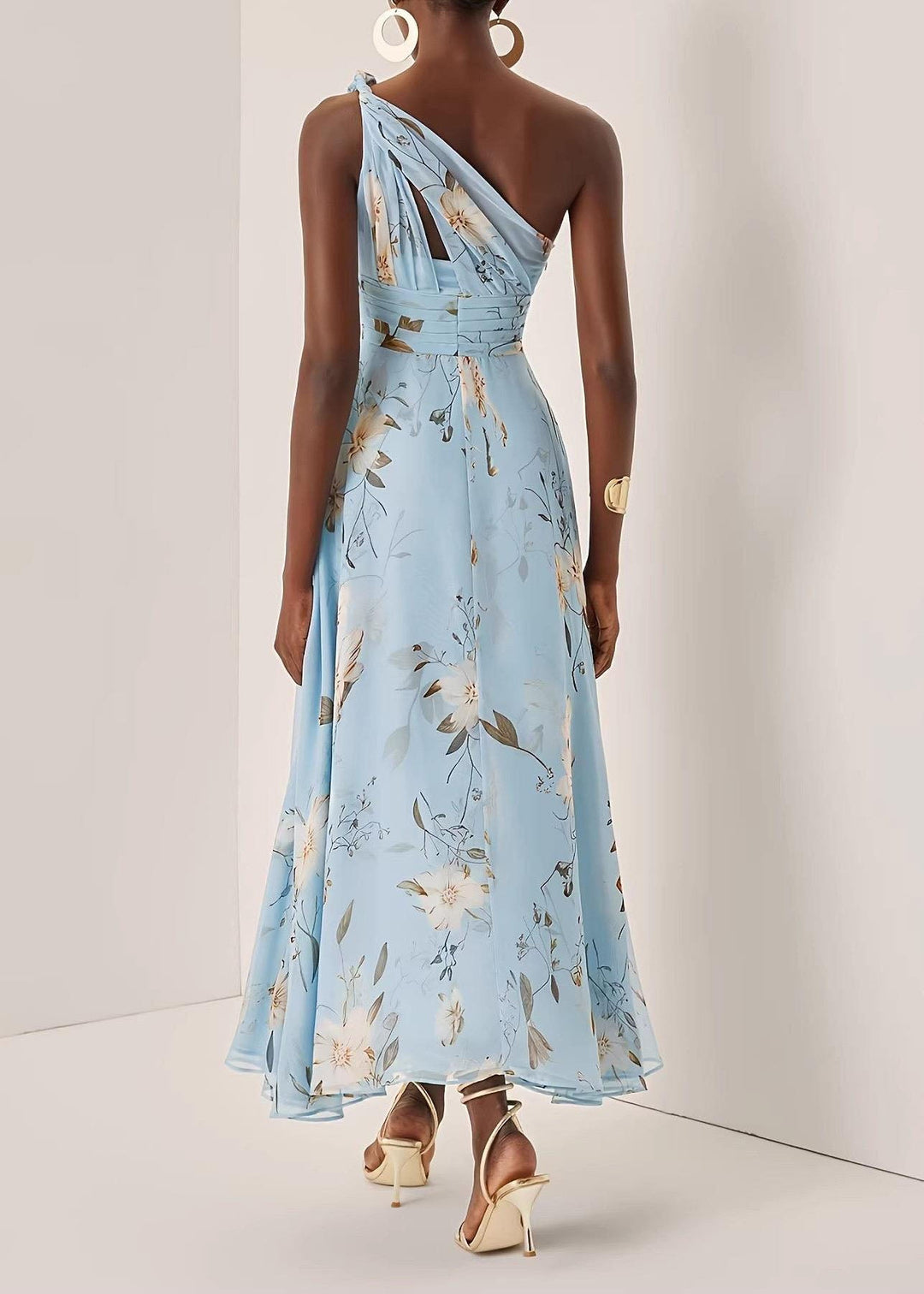 French Blue One Shoulder Wrinkled Print Long Dress Summer