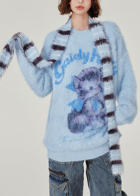 French Blue Oversized Cute Cat Faux Mink Hair Knitted Sweaters Winter