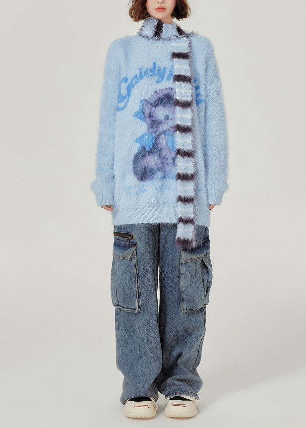 French Blue Oversized Cute Cat Faux Mink Hair Knitted Sweaters Winter