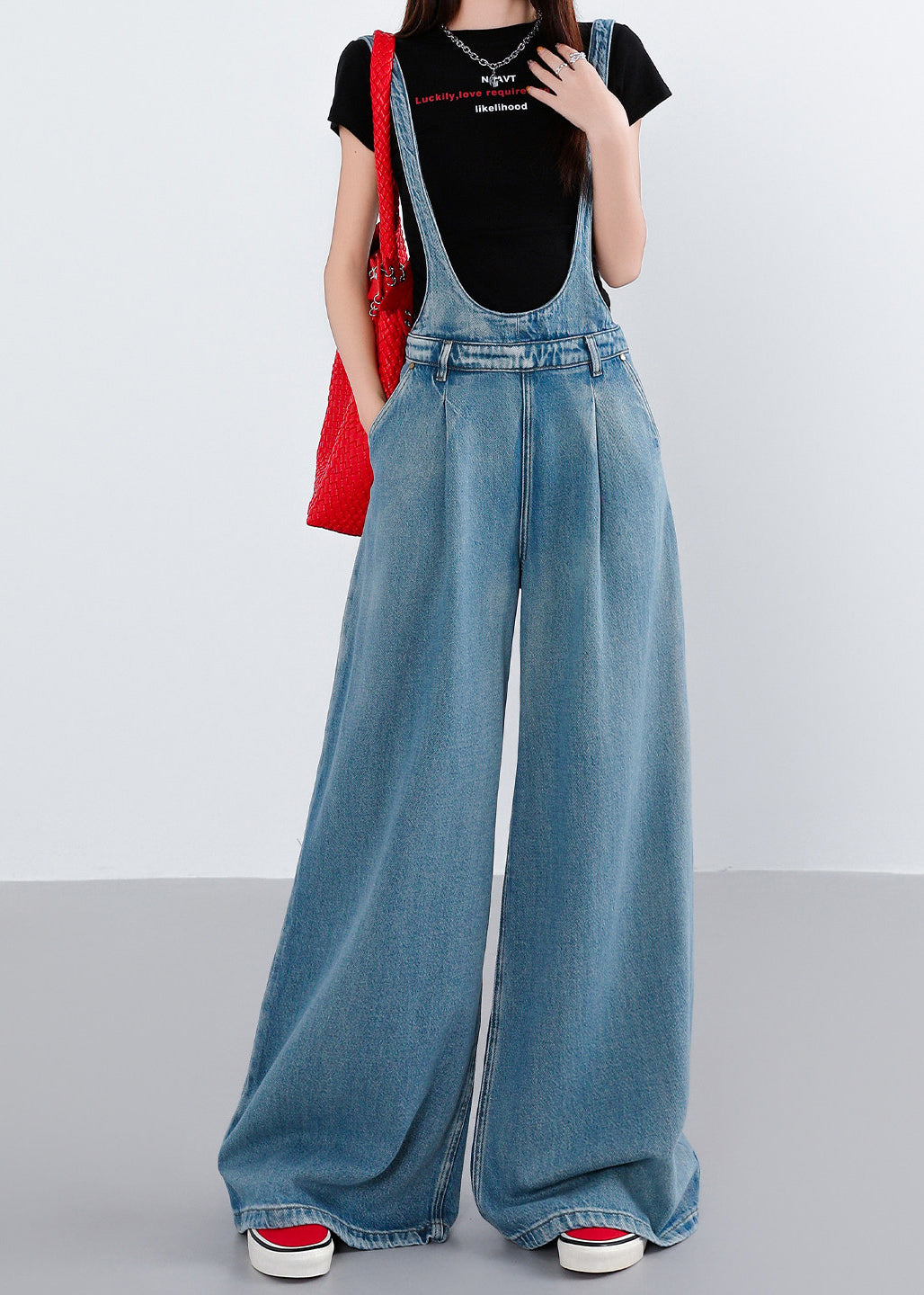 French Blue Oversized Denim Wide Leg Pant Jumpsuit Spring