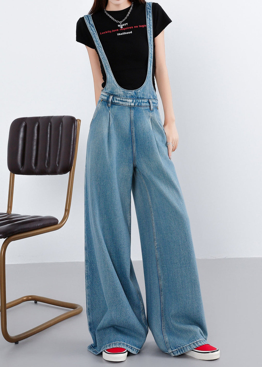 French Blue Oversized Denim Wide Leg Pant Jumpsuit Spring