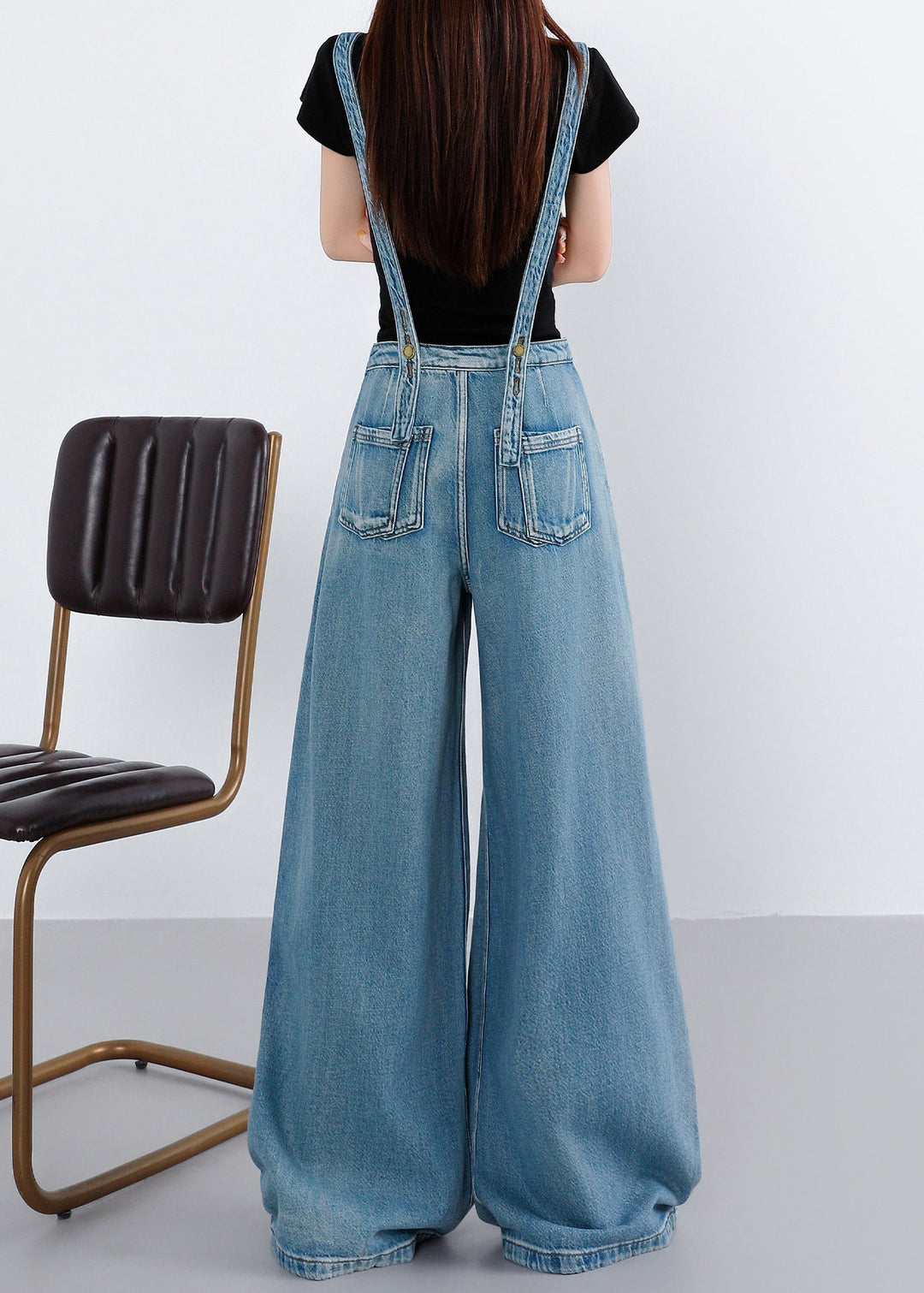 French Blue Oversized Denim Wide Leg Pant Jumpsuit Spring
