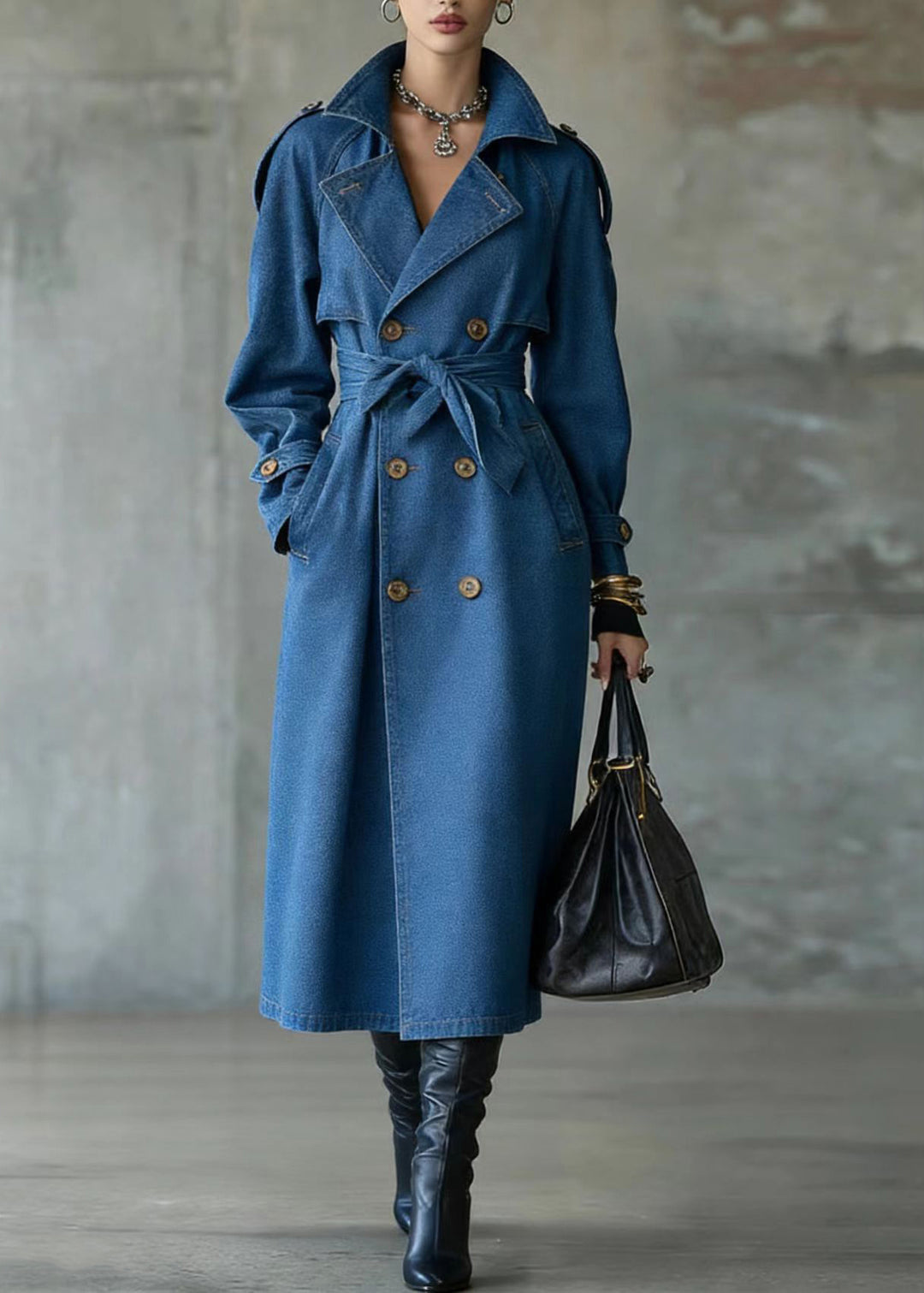 French Blue Oversized Double Breast Denim Trench Coats Spring